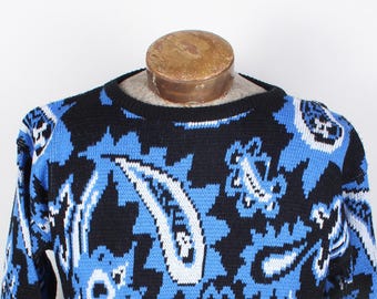 1980s Era Women's Nuggets Brand Paisley Sweater Size M Blue Acrylic