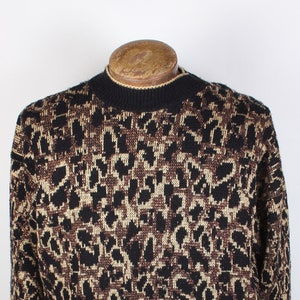 1980&#39;s Era Women&#39;s Black and Metallic Copper Cheetah Pattern Acrylic Sweater Rose Brand