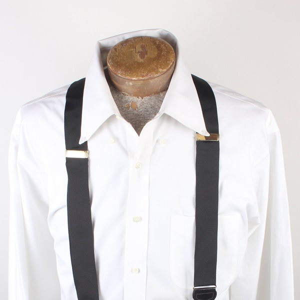 Vintage Pair Formal Black Ribbon Dress Men's Suspenders with Leather Trim