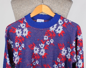 1980s Era Women's Closely Knit Brand 3/4 Sleeve Floral Sweater Size Medium Red Blue