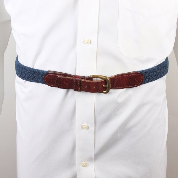 1980s Era Preppy Navy Braided Canvas Leather Brass Mens Belt Size 35 - 38