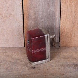 Vintage Mid Century Table Top Boston Brand Metal and Red Plastic Pencil Sharpener Industrial Design