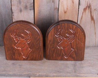 Vintage Pair 1980s Wooden Carved Deer Stag Head Bookends Rounded Tops