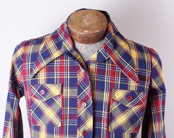 Vintage 1970s Handmade Plaid Heavy Cotton Red Blue Yellow Womens Blouse Puff Sleeves