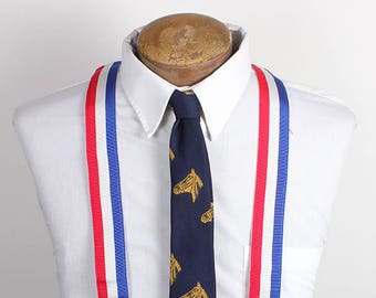 1980s Era Red White and Blue Striped Canvas Mens Suspenders with Leather Trim