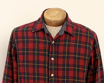 Mens Plaid Wool Camp Button Down Over Shirt Red Navy