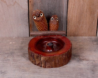 Vintage California Big Trees Souvenir Wooden Ashtray Detailed with Pine Cone Birds