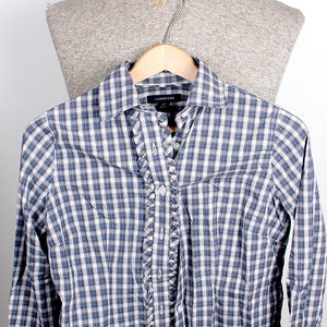 1980s Women&#39;s Lands End Navy Green Tartan Plaid Ruffle Tux Front Dress Shirt Size 4P