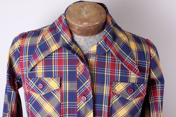 Vintage 1970s Handmade Plaid Heavy Cotton Red Blu… - image 5