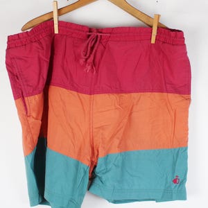 Vintage 1980&#39;s Era Swim Trunks Jockey Brand Teal Orange Red Stripe Lines Size L