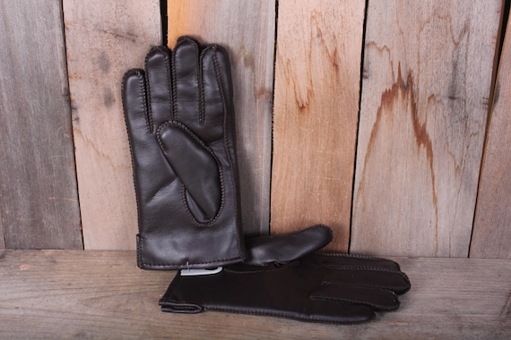 1960s Mid Century Brown Vinyl Shearling Lined Winter Gloves