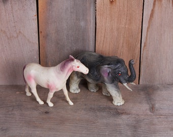 Lot 2 Pieces Early Celluloid Toy Animal Lot Horse Elephant Rhinestone Eyes