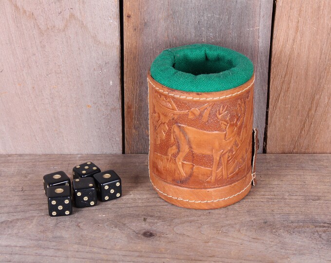 Vintage Tooled Leather Dice Cup Made in Mexico Horse Equestrian Green