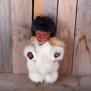 Vintage Plastic Souvenir Doll Plastic Detailed Rabbit Fur Costume Outfit Large on Stand