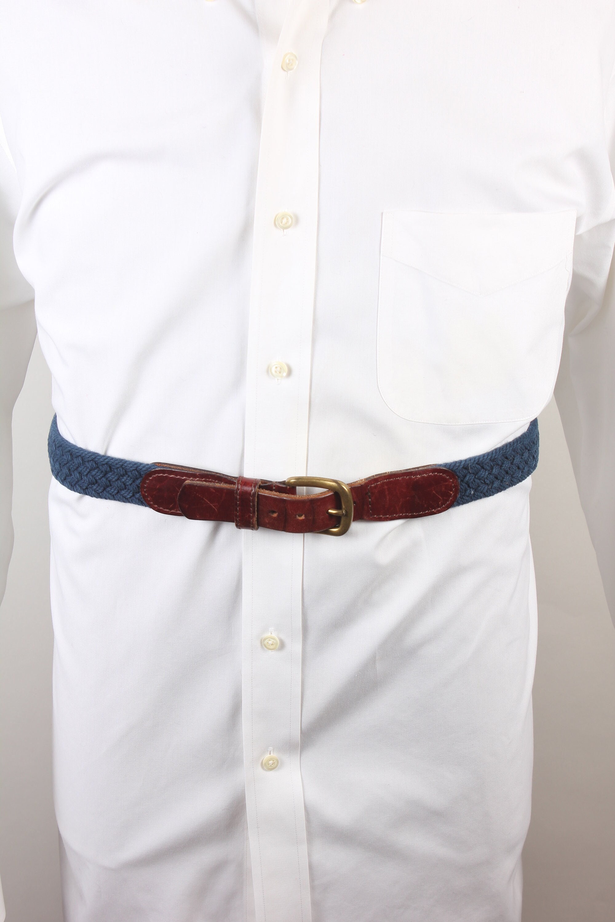1980s Era Preppy Navy Braided Canvas Leather Brass Mens Belt 