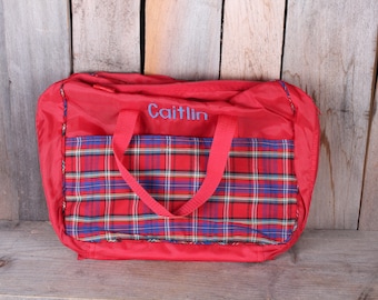 1980s Canvas Red and Plaid Monogrammed Caitlin Storage Overnight Book Bag