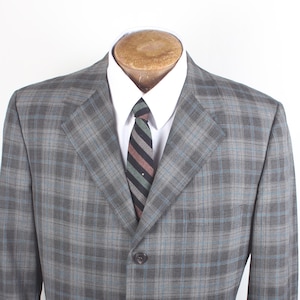 Vintage Knight&#39;s Ridge Benoit&#39;s Brand Teal Gray Plaid Men&#39;s Dress Blazer 3 Button Size 42R