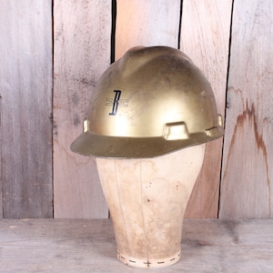 Vintage Gold Hard Hat: Mid-Century Plastic Construction Helmet, BM Lettering