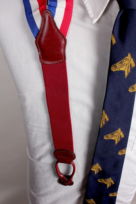 Vintage red,blue and white striped suspenders 1980s Era Red White and Blue Striped Canvas Mens Suspenders  main image 2
