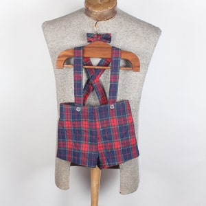 1960&#39;s Era Imp Brand Blue Red Plaid Shorts Set with Bow Tie Little Boy Size L 18 Mos