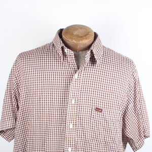 Vintage Men&#39;s Brown White Gingham Western Wear Wrangler Big Man Brand Short Sleeve Button Up Cotton Shirt Size XL