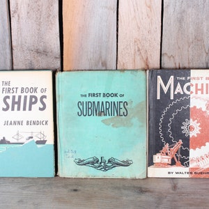 Lot 3 1950&#39;s 1960&#39;s Educational Kids Books Illustrated Machines Submarines Ships Scrapbooking