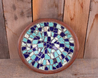 Vintage 1960's Mid Century Wooden Bowl Blue Teal Mosaic Tiles Modern