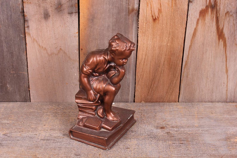Vintage Thinker Little Boy Metal Bronze Color Metal Bookend