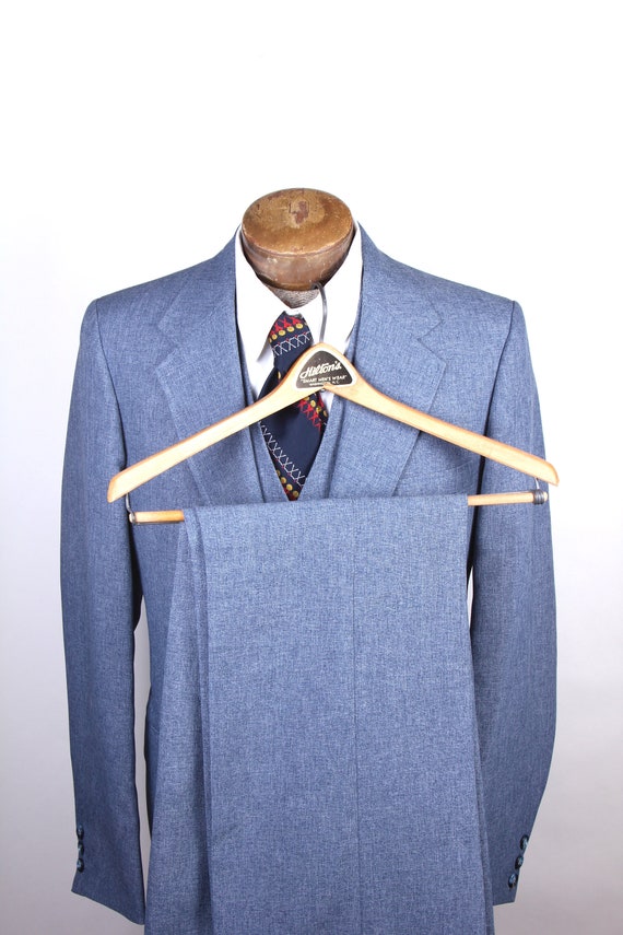 Vintage 1970's Men's Baby Blue Polyester Three Pie