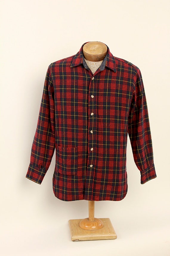 Mens Plaid Wool Camp Button Down Over Shirt Red Na