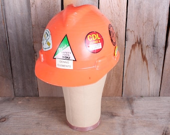 1990's Era Plastic Safety Orange Hard Hat Decals Stickers Pins Costume Prop