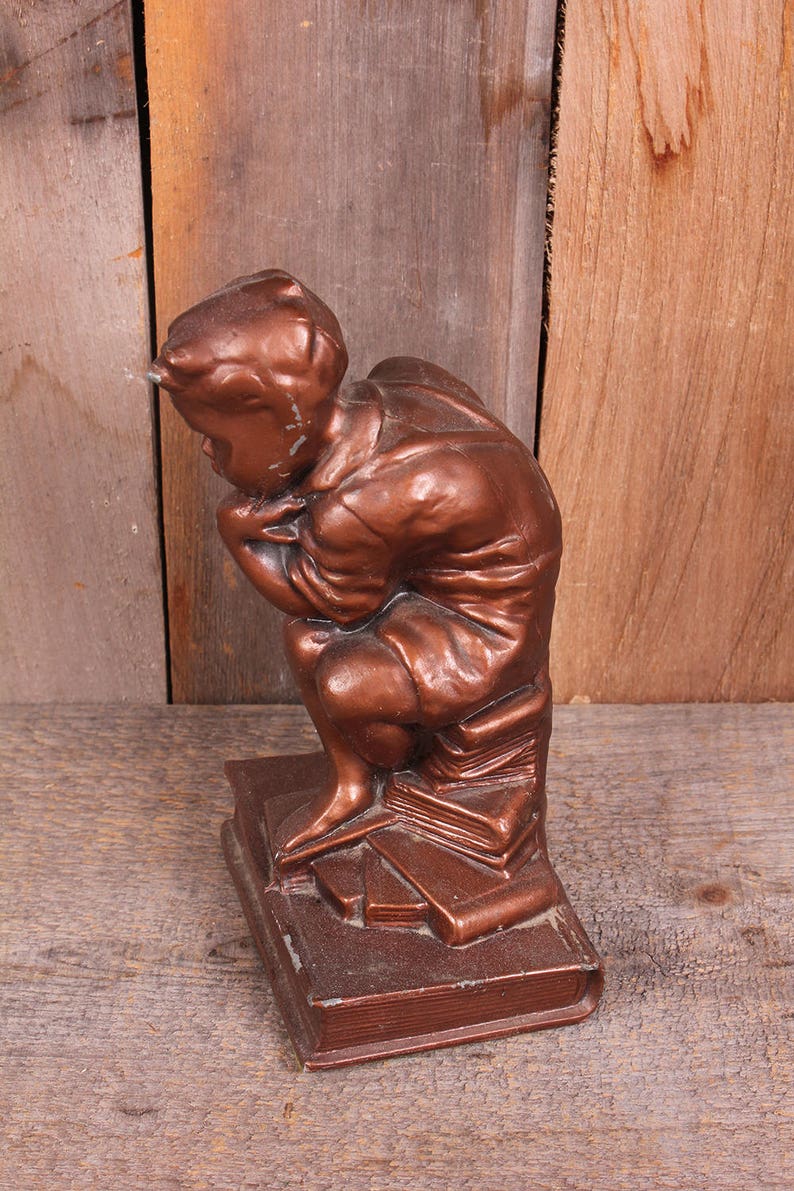 Vintage Thinker Little Boy Metal Bronze Color Metal Bookend