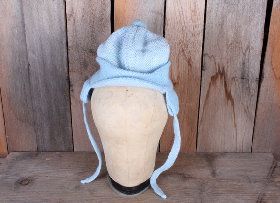 Vintage Light Blue Knit Baby Winter Hat with Ear … - image 1