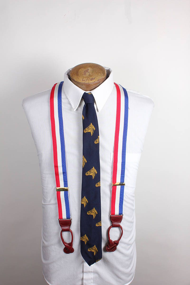 1980s Era Red White and Blue Striped Canvas Mens Suspenders 
