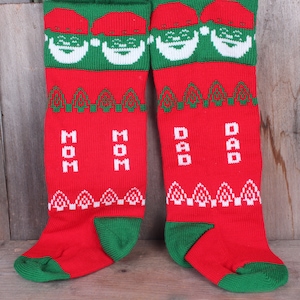 1980s Pair Mom and Dad Knitted Green Red White Christmas Holiday Stocking Sock Santa Claus image 1