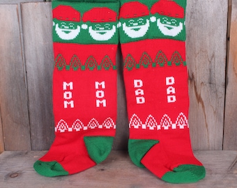 1980s Pair Mom and Dad Knitted Green Red White Christmas Holiday Stocking Sock Santa Claus