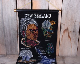 Vintage 1970's Black Velvet Painting Souvenir Roll out Scroll New Zealand Map Sites Portrait Wall Hanging