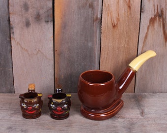 Mid Century Lot of Three Ceramic Pipe Planters Ashtrays Handpainted Clown Face Novelty