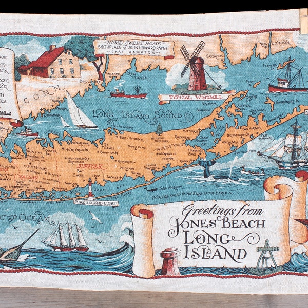 Vintage Large Souvenir Linen Dish Towel Textile Map Jones Beach Long Island Nautical Decor