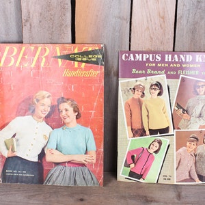 May include: Two vintage knitting pattern books. The book on the left is titled "Berwick College Issue Handicrafter" and features a red cover with three women on the front. The book on the right is titled "Campus Hand Knits for Men and Women Bear Brand and Fleisher Yarns" and features a brown cover with photos of people wearing knitted sweaters.