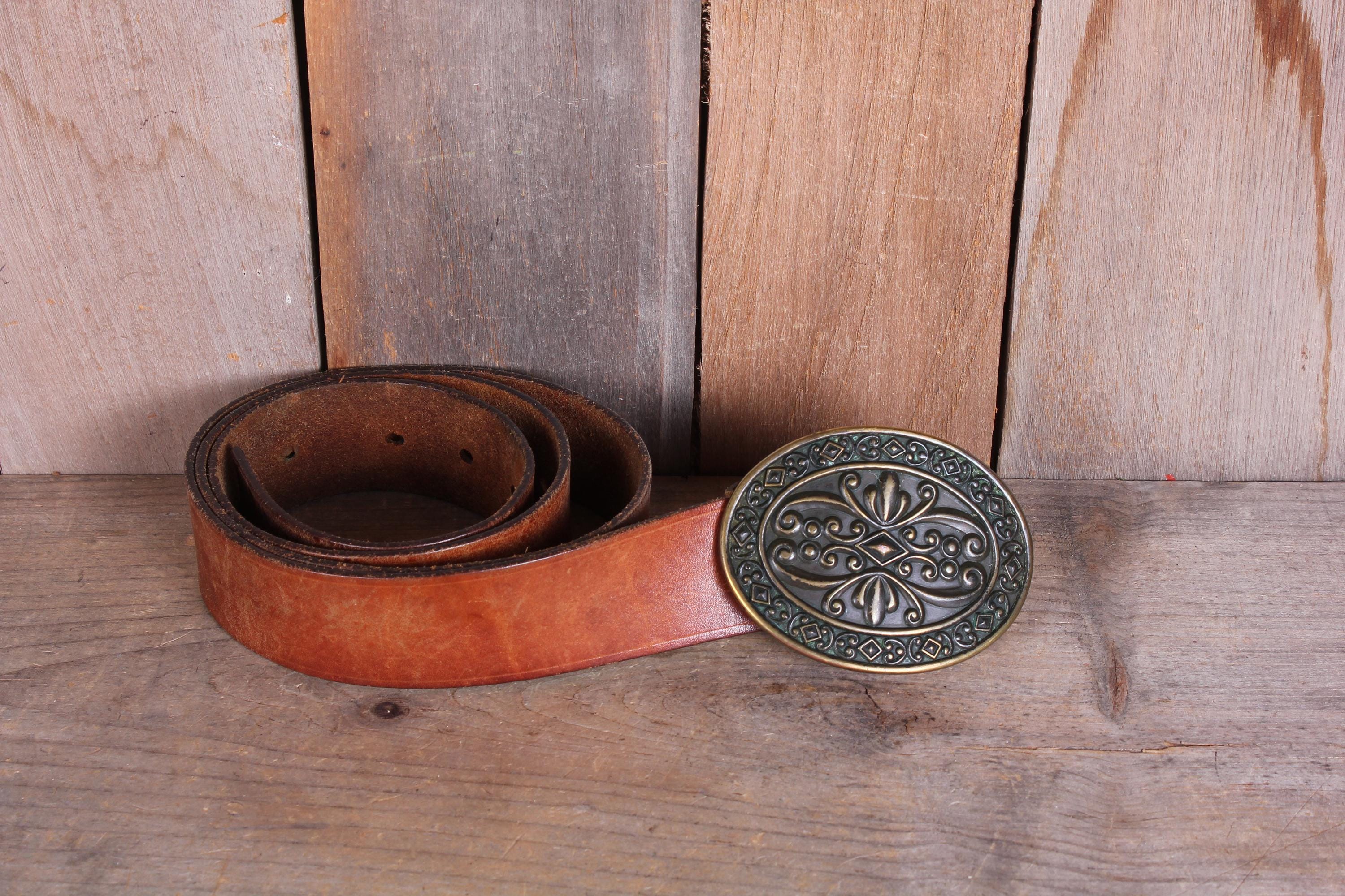 Vintage Leather Brass Flower Coin Belt Removable Buckle Vintage  main image 3