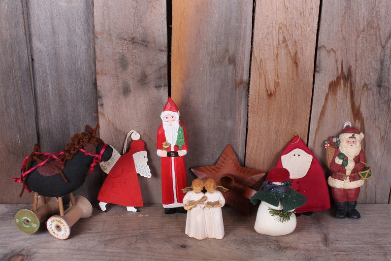 Lot Vintage 1980/'s Primitive Christmas Decorations Ornaments Santas AngelsSNow Man Horse