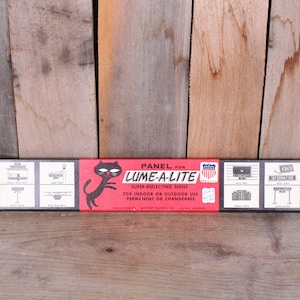 Vintage 1960&#39;s Lume A Lite Brand Aluminum Reflective Address Sign in Original Box Advertising Cat