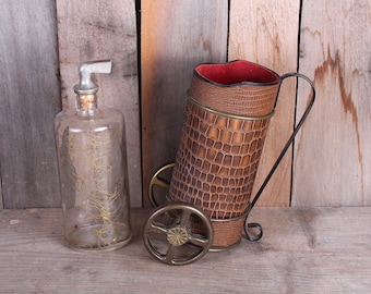 Vintage Golf Bar Set: Gold Spatter Bottle, Golf Bag Music Box