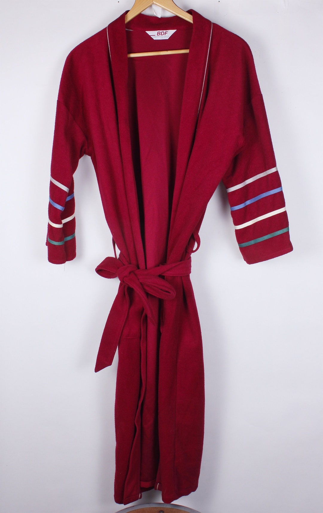 1980s Men's Red Velvet Robe - Blue Striped Sleeves - Etsy