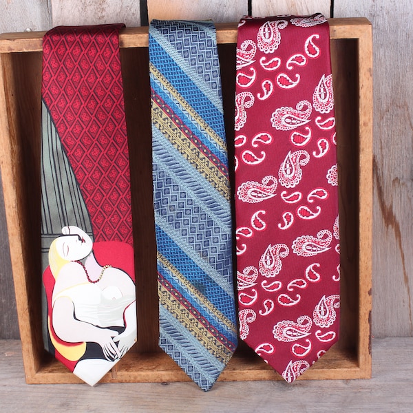 Lot 3 1970's Wide Tacky Men's Neck Ties Necktie Lot Polyester Matisse Paisley Stripes