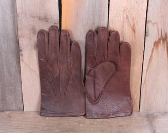 Pair Men's Brown Leather Work Driving Gloves No Liner Size M Cattle Hide
