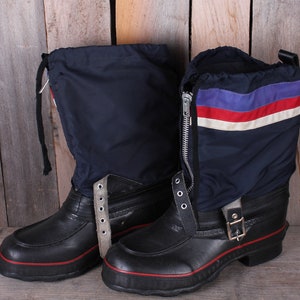 1980s Era Men&#39;s Teen&#39;s Navy Canvas Striped Moon Snow Boots Lined Size 7
