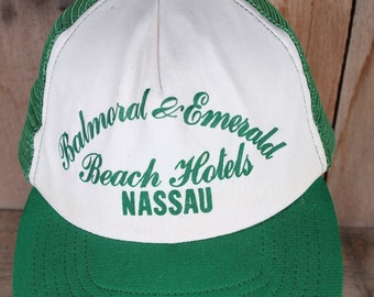 1980's Era Souvenir Snap Back Nassau Islands Hotel Faded Green White  Trucker Hat