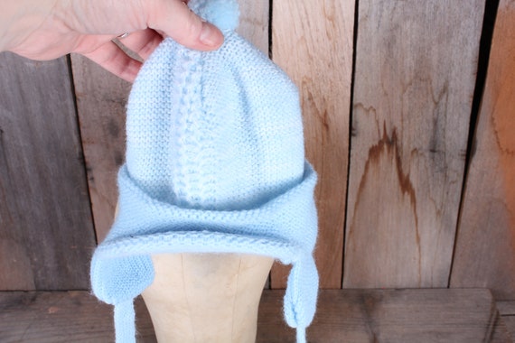 Vintage Light Blue Knit Baby Winter Hat with Ear … - image 3